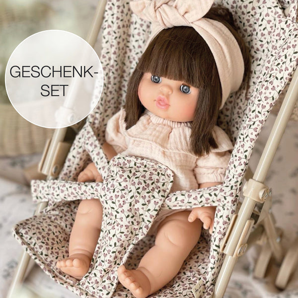 Geschenkset Puppe, Kleidung & Buggy - Chloe mit Romper & Haarband in Blush & Doll Stroller Milk Tank - little something