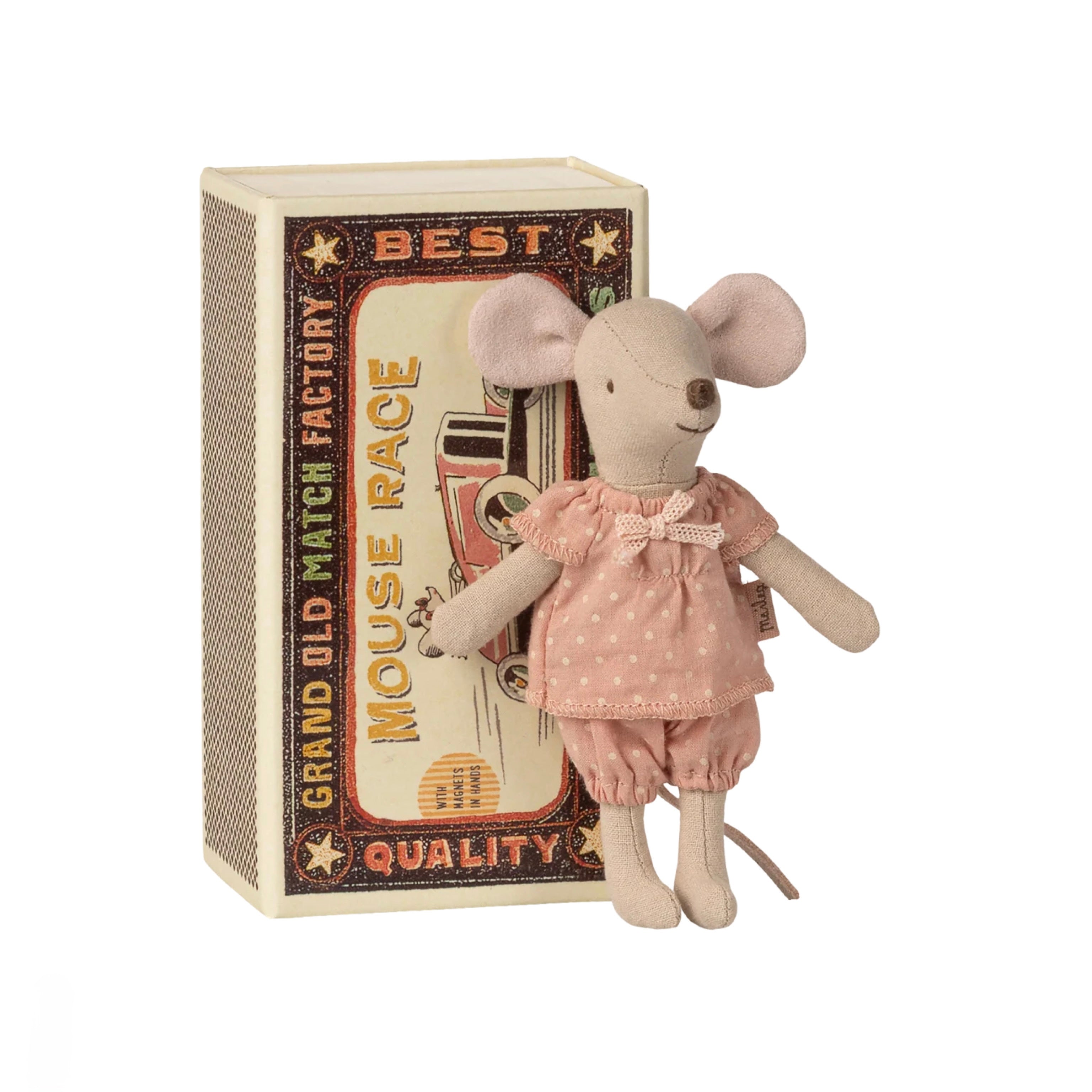 Große Schwester Maus rosa in Streichholzschachtel *magnetische Hände