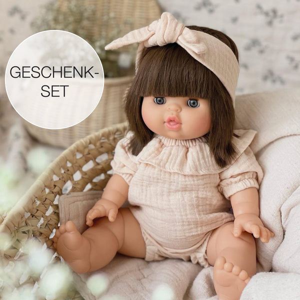 Geschenkset Puppe & Kleidung - Chloe mit Romper & Haarband in Blush - little something